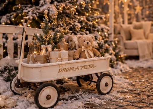 Carrito blanco con regalos y oso de peluche