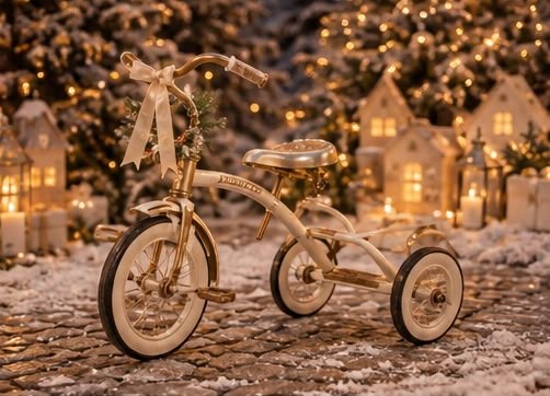 Triciclo blanco y dorado